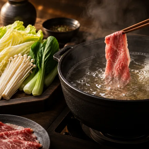 맑은 육수에 고기와 채소를 담그는 샤브샤브 (연출 이미지)