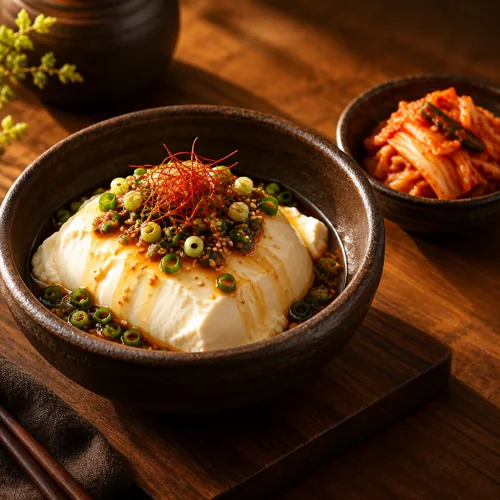 양념장을 올린 부드러운 두부 요리 (연출 이미지)